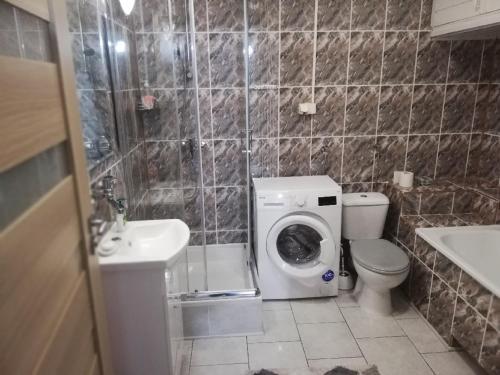 a bathroom with a toilet and a washing machine at Agroturystyka "Leśne Zacisze na Podlasiu" in Tuczna