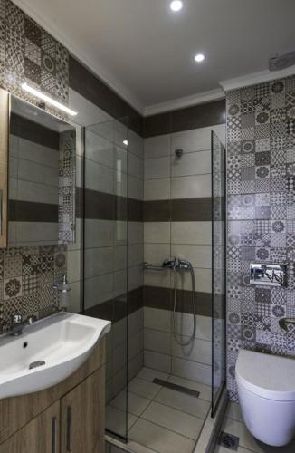 a bathroom with a shower and a sink and a toilet at Annas Villa in Skala Potamias