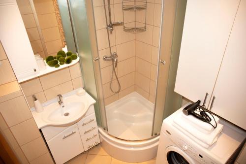 La salle de bains est pourvue d'une douche, de toilettes et d'un lavabo. dans l'établissement Apartament Panorama 2 18, à Polańczyk