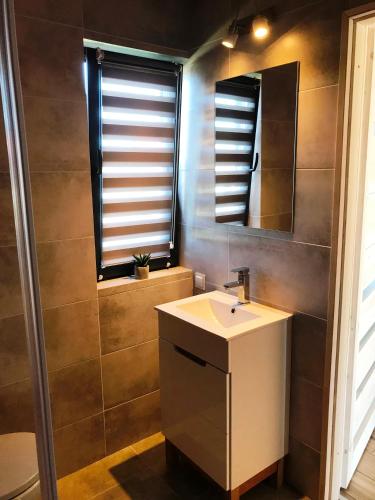 a bathroom with a sink and a mirror at White Houses Rewal in Rewal