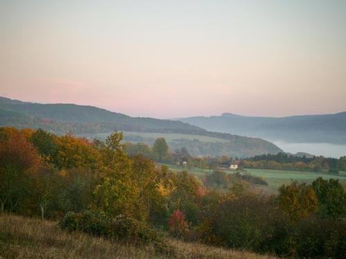 een uitzicht op een vallei in de herfst met bomen bij Selanka Off road Hill View in Moravské Lieskové