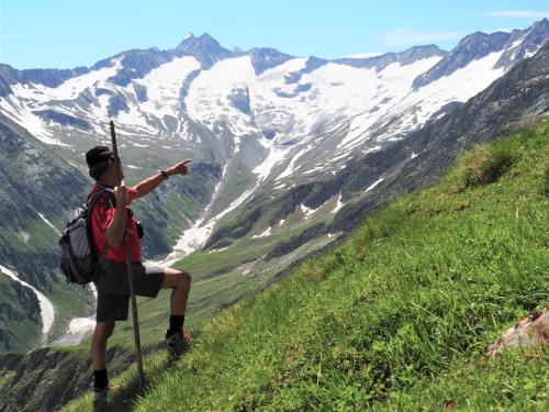 a man standing on a hill pointing at a snow covered mountain at Pension Zillertal in Gerlos