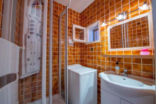 ein Bad mit einem WC, einem Waschbecken und einer Dusche in der Unterkunft T2 en hypercentre -parking privé-clim-proche plage in Sainte-Maxime