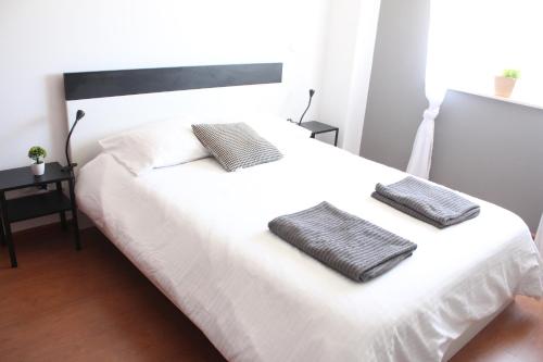 a bedroom with a white bed with two pillows on it at Lilas' Private Accommodation in Vila do Bispo