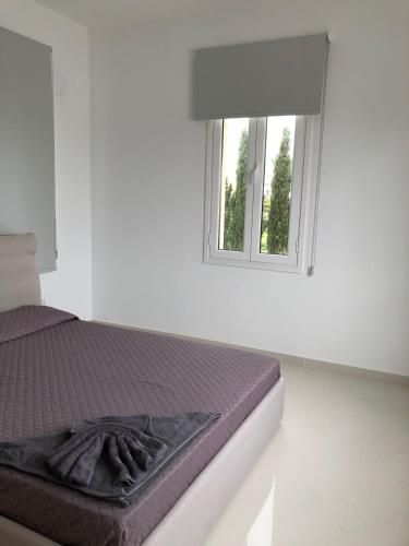 a bed in a white room with a window at Oasi Rejuve Poseidon in Meneou