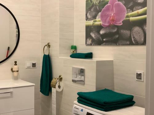 een badkamer met een wastafel en een bloem op de muur bij Apartament Jantarowe Zacisze Green in Jantar