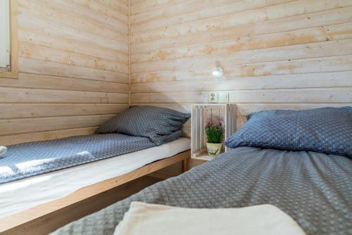 two beds in a room with wooden walls at Domki u Polki in Sławoszyno