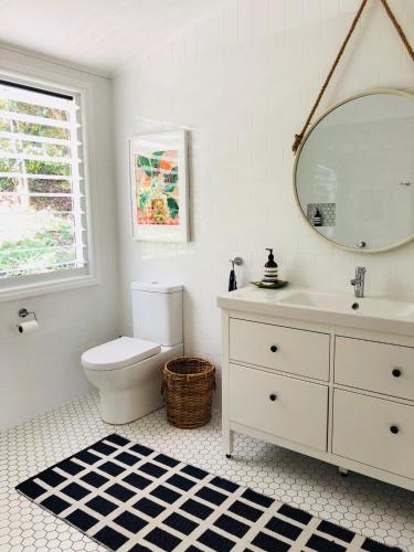 a bathroom with a toilet and a sink and a mirror at Billa Bush Cottage in Point Lookout