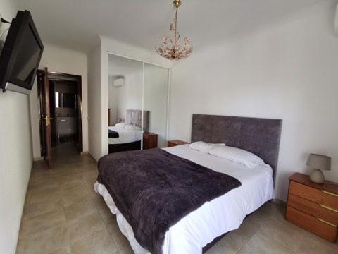 ポルティマンにあるFlor da Beira Apartments ou Paraiso Sol Da Rochaのベッドルーム(大型ベッド1台、薄型テレビ付)