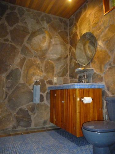 a stone bathroom with a blue toilet and a sink at Arco Iris Lodge in Monteverde Costa Rica