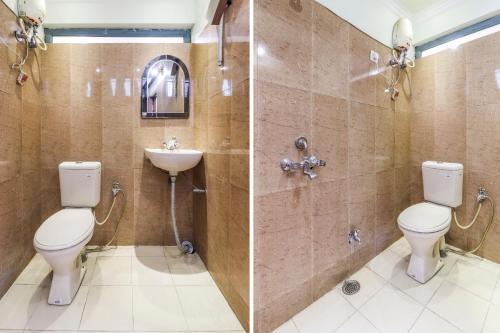 two pictures of a bathroom with a toilet and a sink at Hotel Sai Vatika Guest House in Lucknow