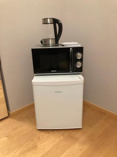 a microwave sitting on top of a refrigerator at Stadtnähe und doch mitten in der Natur in Salzburg
