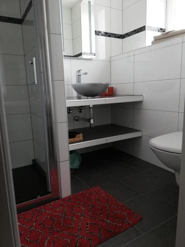 une salle de bain avec un lavabo et des toilettes dans l'établissement Chambres d'hôtes Sandrine Louis, à Phalsbourg