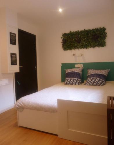 - une chambre dotée d'un lit avec un mur vert dans l'établissement Le Studio Stanislas, à Colmar