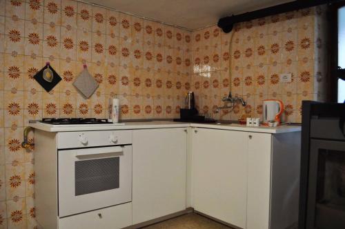 a kitchen with a white stove top oven next to a wall at La Casetta nel cuore del Parco in Locana