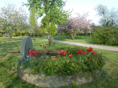 un banco en un jardín con flores en un parque en Domaine de l'Etre en Saint-Pierre-du-Regard