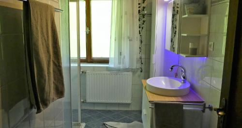 bagno con lavandino e specchio di Ferienwohnungen Schweinöster a Lofer