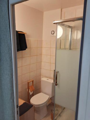 une petite salle de bain avec toilettes et douche dans l'établissement L HAUTE DU GOUVERNEUR, à Honfleur