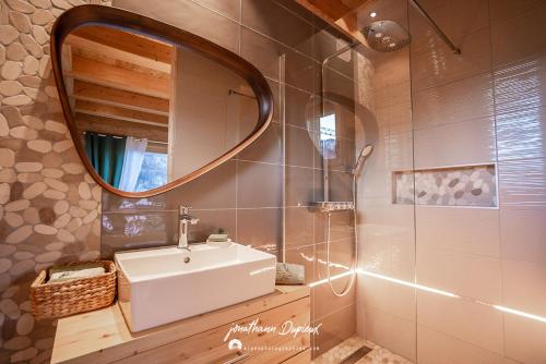une salle de bain avec un lavabo et un miroir dans l'établissement Chalet Ecrin, à Saint-Chaffrey