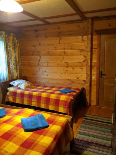 a bedroom with two beds in a log cabin at Лісова хатинка in Haivka