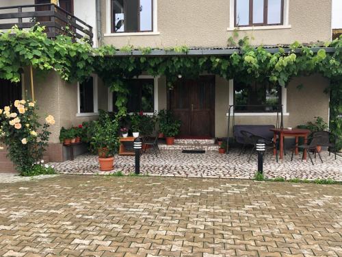 ein Haus mit einer Terrasse mit einem Tisch und Stühlen in der Unterkunft Pensiunea Elis in Gothatea