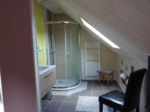 a bathroom with a shower and a sink and a chair at Chambre d'Hotes La Queue au Loup in Le Molay-Littry