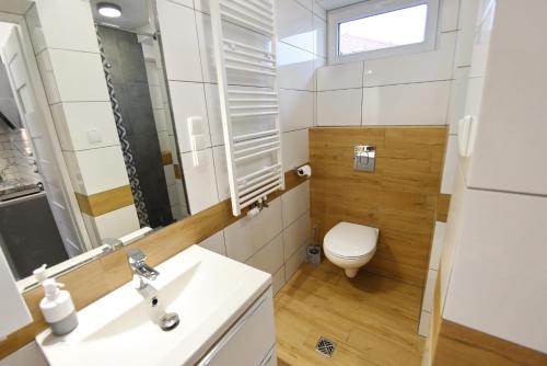 a bathroom with a toilet and a sink and a mirror at Marinas Rewa in Rewa