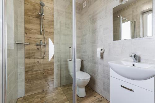 a bathroom with a toilet and a sink and a shower at DOMKI BILIKÓWKA in Polańczyk