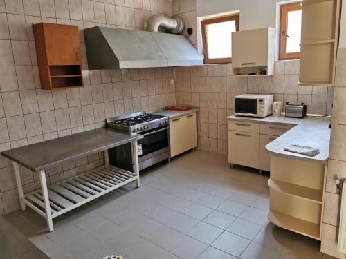 a kitchen with a stove and a counter top at Vila Gente in Mamaia Nord