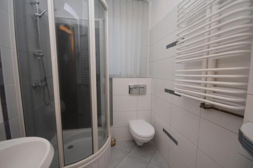 a white bathroom with a toilet and a shower at Agroturystyka U Tadysa in Szaflary