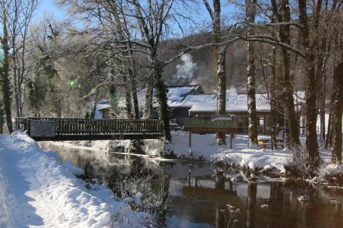 a house with a bridge over a river in the snow at Parc animalier du Hérisson in Doucier