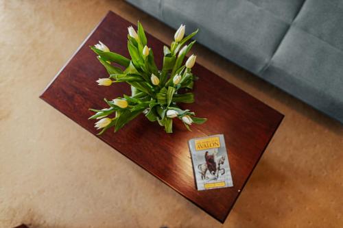 a wooden table with a plant on top of it at Panorama_SPA in Trzęsacz