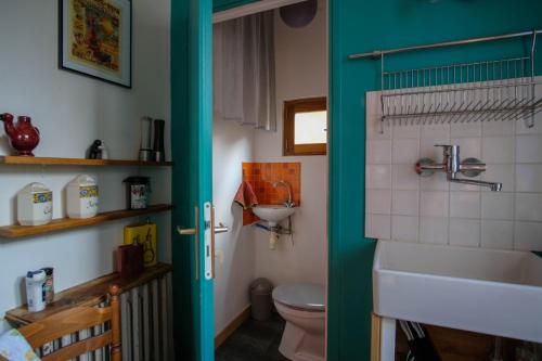 uma casa de banho com WC e uma porta verde em Ingres by Cocoonr em Toulouse