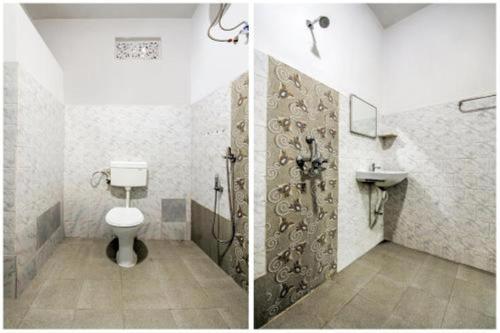 two pictures of a bathroom with a toilet and a sink at Hotel Vivek in Patna