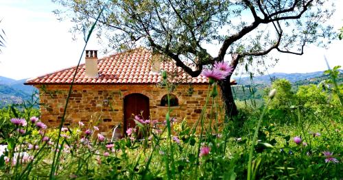 a small brick building in a field of flowers at Villa Nigro in Laureana Cilento