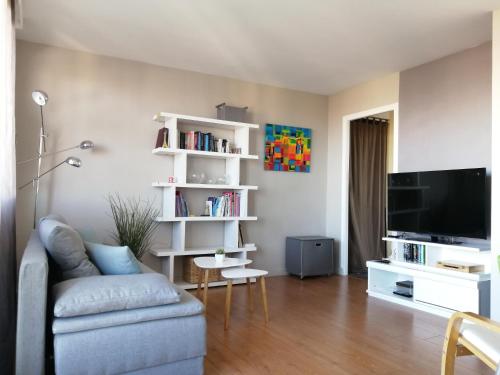 uma sala de estar com um sofá e uma televisão em Appt ENTIER proche *CENTRE VILLE *GARE em Sainte-Savine