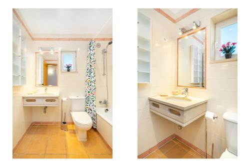 WHome | Vilamoura Family Apartment في كوارتيرا: صورتين لحمام مع حوض ومرحاض