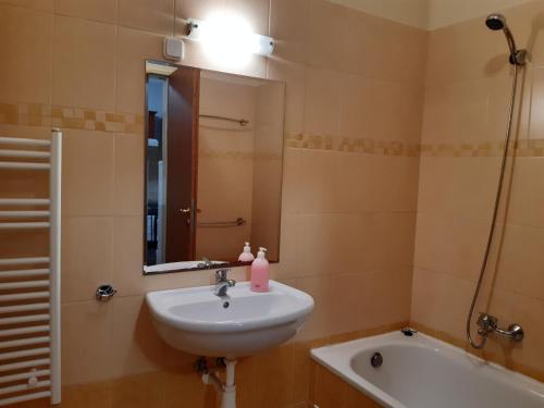 ein Badezimmer mit einem Waschbecken, einem Spiegel und einer Badewanne in der Unterkunft Pipacs in Békéscsaba