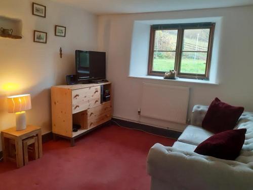 Una sala de estar con un sofá y un televisor. en Witherhill Granary, en High Bickington