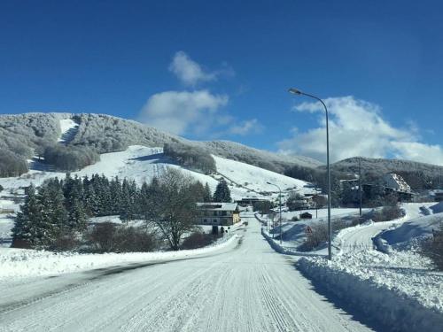 a road covered in snow with a street light at Il Bosco Guest House Subiaco in Subiaco