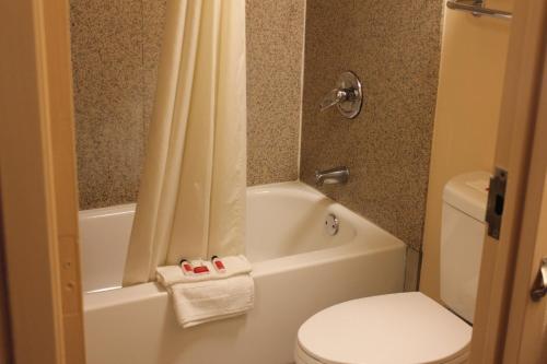 a bathroom with a toilet and a tub and a sink at Super 8 by Wyndham Laurel in Laurel