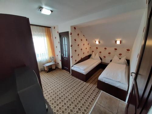 a hotel room with two beds and a television at Vila Nicolai in Cristian