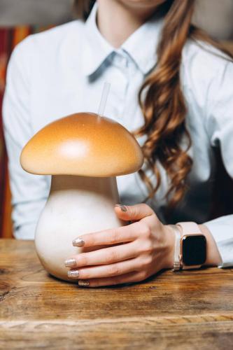 a woman is holding a mushroom on a table at Грибова хата in Bukovel