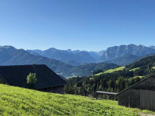 a green hill with two buildings and mountains in the background at UNSER VORSÄSS - Geißkopf in Schwarzenberg im Bregenzerwald