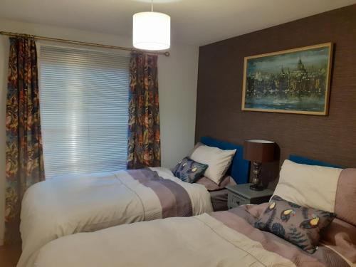a bedroom with two beds and a window at Bishops Park Apartment in Inverness