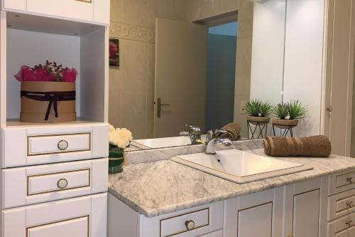 a bathroom with a sink and a large mirror at La Villa Saint André - Argeles sur mer in Argelès-sur-Mer