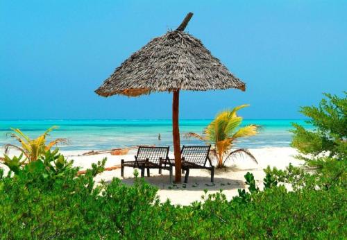 帕傑的住宿－Hakuna Majiwe Beach Lodge，海滩上两把遮阳伞下的长椅