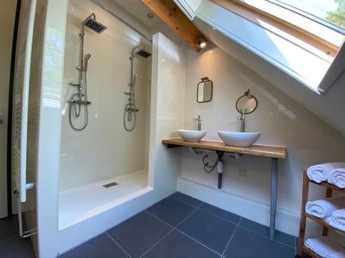 een badkamer met twee wastafels en een douche bij Het Achterhoeks Voorrecht in Aalten
