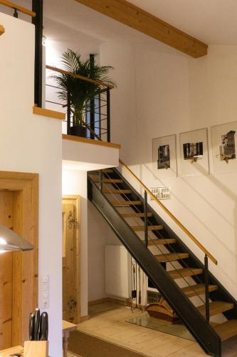 a staircase in a building with a potted plant at Ferienwohnung Schankwirtschaft Wohlfart in Pfronten