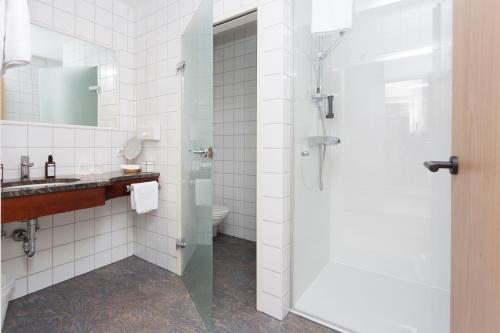 a bathroom with a shower and a sink and a toilet at Boutique Hotel Aichinger in Nussdorf am Attersee